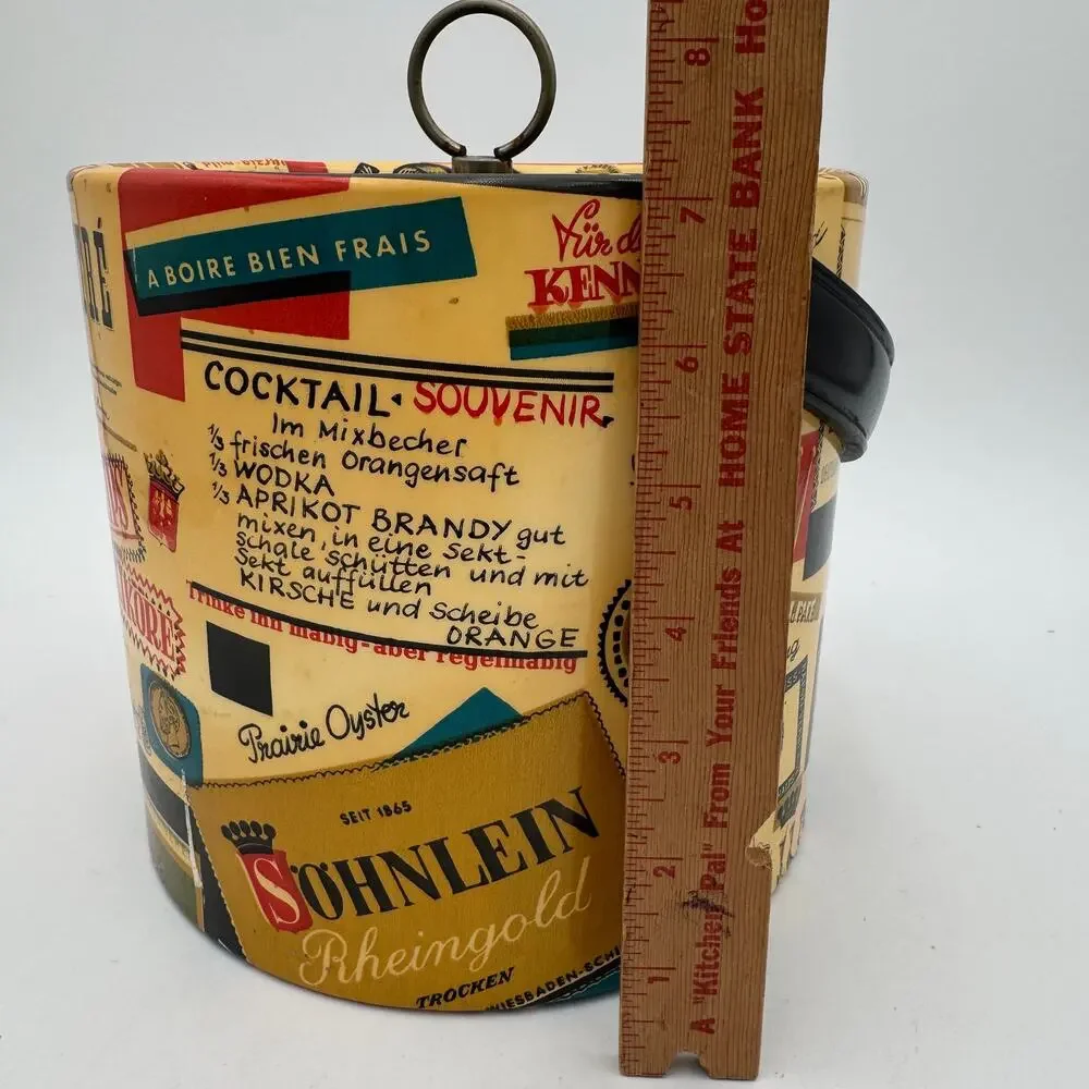 Vintage Cocktails Recipe Ice Bucket, Vinyl and Plastic, Mid Century Modern 7.5